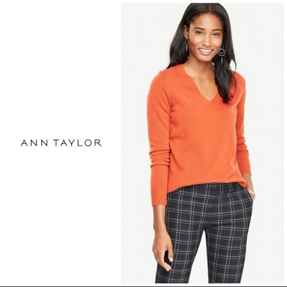 Ann Taylor 100% Cashmere V-neck sweater orange soft fall winter - Picture 1 of 8